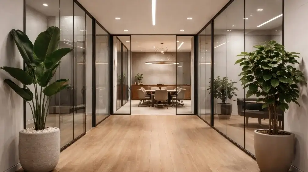 Clean modern office hallway with glass walls, wood floors and potted plants