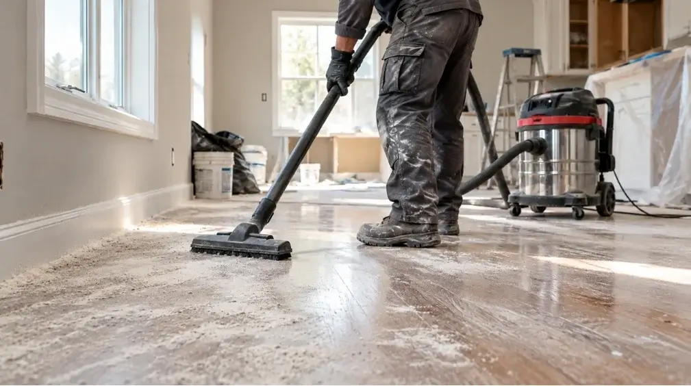 Cleaner vacuuming construction dust from a wood floor after a home renovation